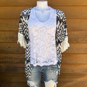 J.W. Shan Black & White Lace Kimono NWT Cardigan Size M/L